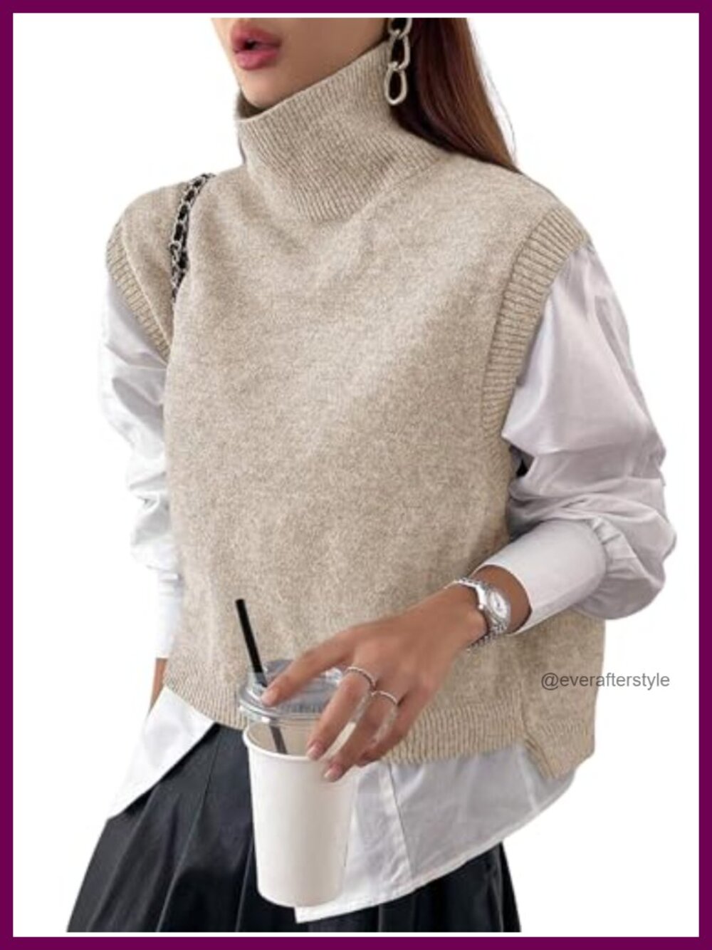 Turtleneck Crop Sweater Vest Sleeveless Ribbed Knit Loose Fit Jumper